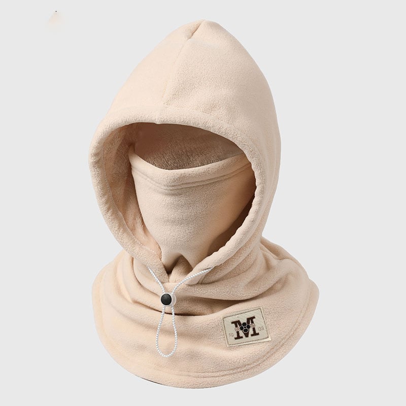 Beige one-piece warm hood with integrated face covering and neck warmer