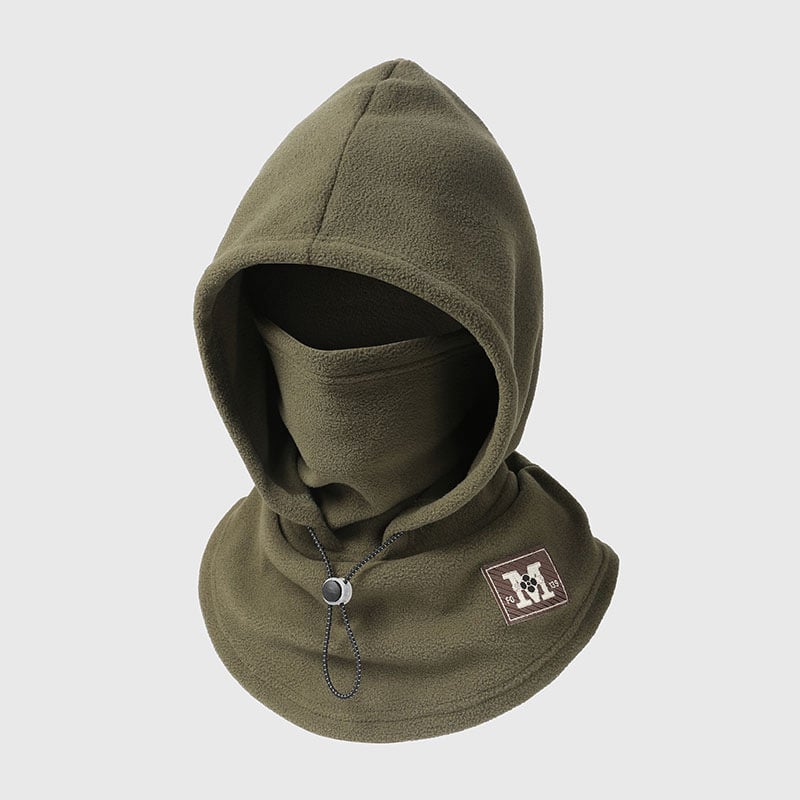 Green one-piece warm mask hat, angled view