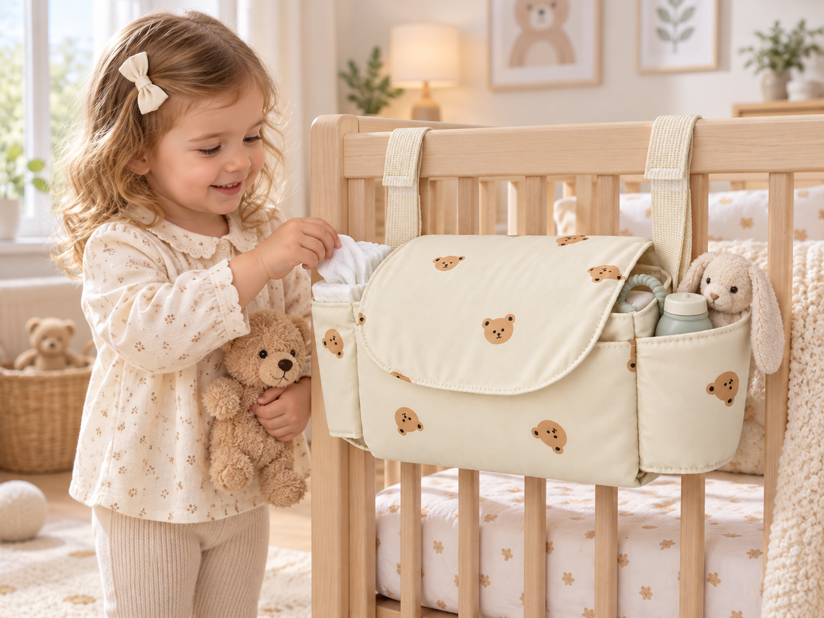 Beige Multi-Bear Stroller Hanging Bag