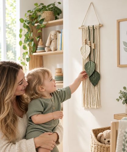 White &Green Leaf Handwoven Wall Hanging